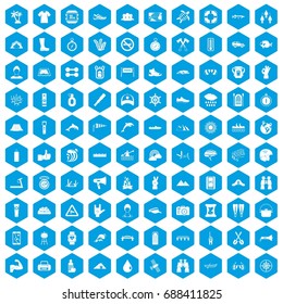 100 rafting icons set in blue hexagon isolated vector illustration