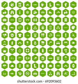 100 rafting icons set in green hexagon isolated vector illustration