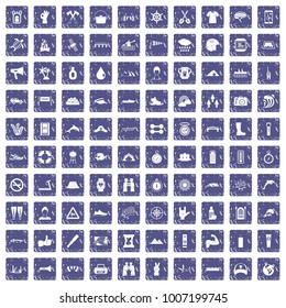 100 rafting icons set in grunge style sapphire color isolated on white background vector illustration