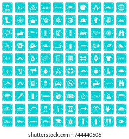 100 rafting icons set in grunge style blue color isolated on white background vector illustration