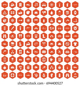 100 rafting icons set in orange hexagon isolated vector illustration
