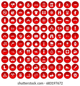 100 rafting icons set in red circle isolated on white vector illustration