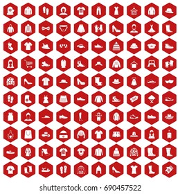 100 rags icons set in red hexagon isolated vector illustration