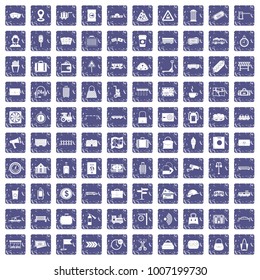 100 railway icons set in grunge style sapphire color isolated on white background vector illustration