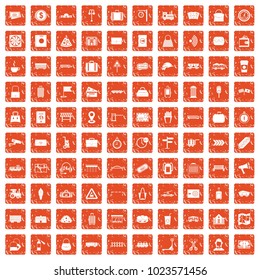 100 railway icons set in grunge style orange color isolated on white background vector illustration