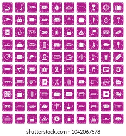 100 railway icons set in grunge style pink color isolated on white background vector illustration