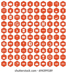 100 railway icons set in orange hexagon isolated vector illustration