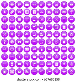 100 railway icons set in purple circle isolated on white vector illustration