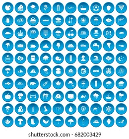 100 rain icons set in blue circle isolated on white vector illustration
