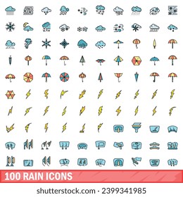 100 rain icons set. Color line set of rain vector icons thin line color flat on white