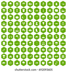 100 rain icons set in green hexagon isolated vector illustration