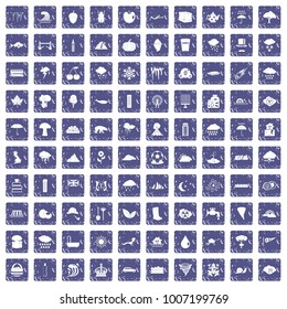 100 rain icons set in grunge style sapphire color isolated on white background vector illustration
