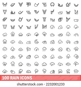 100 rain icons set. Outline illustration of 100 rain icons vector set isolated on white background