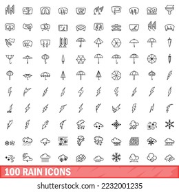 100 rain icons set. Outline illustration of 100 rain icons vector set isolated on white background