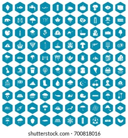 100 rain icons set in sapphirine hexagon isolated vector illustration