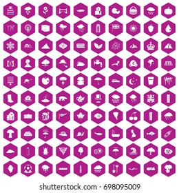 100 rain icons set in violet hexagon isolated vector illustration
