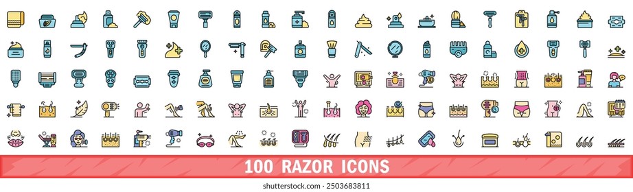 100 razor icons set. Color line set of razor vector icons thin line color flat on white