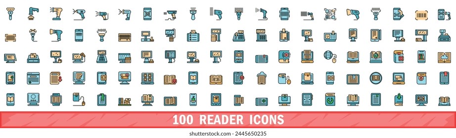100 reader icons set. Color line set of reader vector icons thin line color flat on white