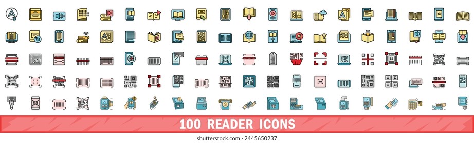 100 reader icons set. Color line set of reader vector icons thin line color flat on white