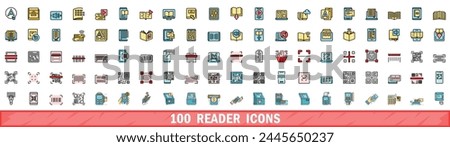 100 reader icons set. Color line set of reader vector icons thin line color flat on white