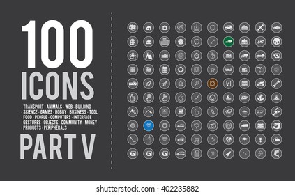 100  ready-made simple vector icons set on various topics: transport icons, animals icons, web icons, building icons, science icons, games icons, hobby icons, business icons, tool icons, food icons.
