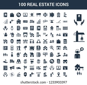 100 Real Estate universal icons set with Home, User, Construction, Deal, House, Placeholder, House key, Solar panel, 