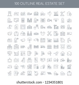 100 Real estate universal icons set with Guarantee linear, Deposit Brick wall Catalogue Online shopping Search Contract Placeholder linear