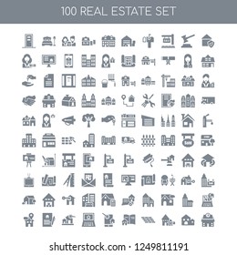 100 Real estate universal icons pack with Guarantee, estate, Deposit, Brick wall, Catalogue, Online shopping, Search, Contract, Placeholder