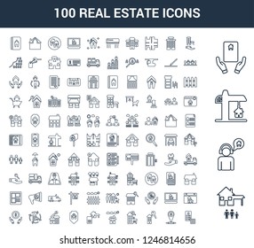 100 Real Estate universal linear icons set with Home, User, Construction, Deal, House, Placeholder, House key, Solar panel, 