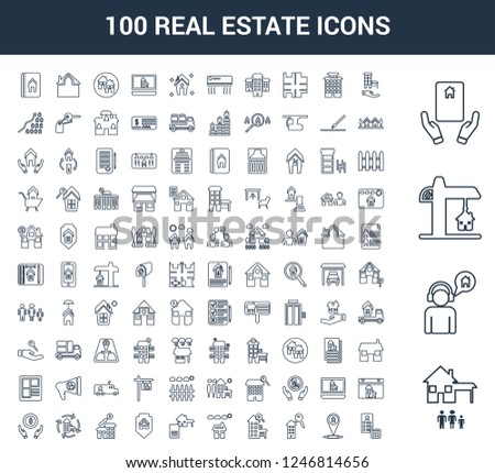 100 Real Estate universal linear icons set with Home, User, Construction, Deal, House, Placeholder, House key, Solar panel, 