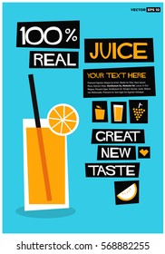 100% Real Juice Great New Taste (Flat Style Vector Illustration Poster Design) With text Box Template