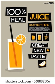 100% Real Juice Great New Taste (Flat Style Vector Illustration Poster Design) With text Box Template