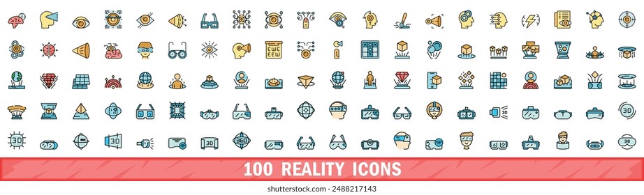 100 reality icons set. Color line set of reality vector icons thin line color flat on white