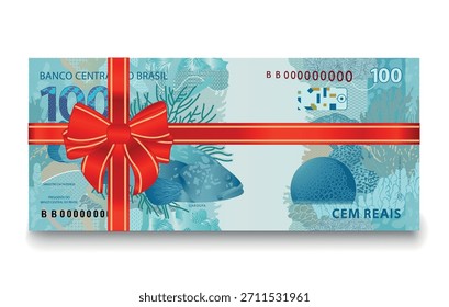 Billete inverso de 100 reales con lazo rojo, concepto de regalo. Ilustración vectorial.