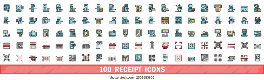 100 receipt icons set. Color line set of receipt vector icons thin line color flat on white