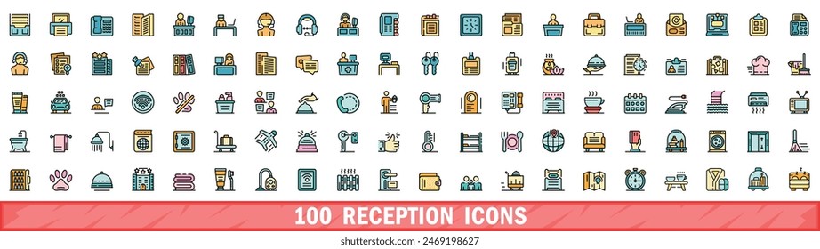 100 reception icons set. Color line set of reception vector icons thin line color flat on white
