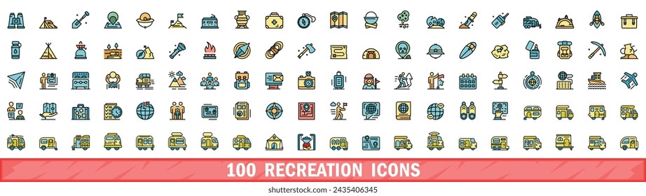 100 recreation icons set. Color line set of recreation vector icons thin line color flat on white