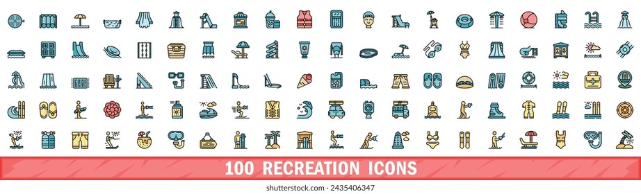 100 recreation icons set. Color line set of recreation vector icons thin line color flat on white