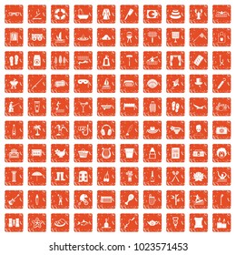 100 recreation icons set in grunge style orange color isolated on white background vector illustration