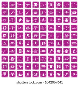 100 recreation icons set in grunge style pink color isolated on white background vector illustration