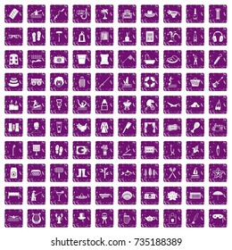 100 recreation icons set in grunge style purple color isolated on white background vector illustration