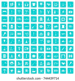 100 recreation icons set in grunge style blue color isolated on white background vector illustration