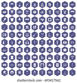 100 recreation icons set in purple hexagon isolated vector illustration