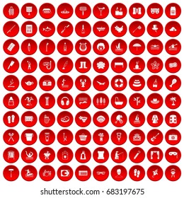 100 recreation icons set in red circle isolated on white vector illustration