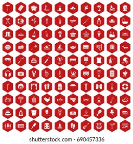 100 recreation icons set in red hexagon isolated vector illustration