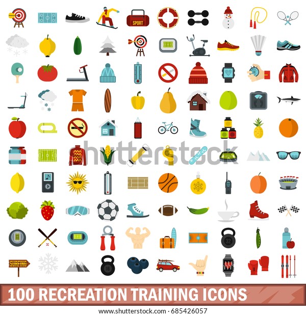 100 recreation training icons set in flat\
style for any design vector\
illustration