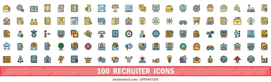 100 Recruiter-Symbole gesetzt. Farbliniensatz der Rekrutierer-Vektor-Symbole dünne Linie Farbe flach auf weiß