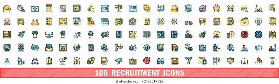 100 recruitment icons set. Color line set of recruitment vector icons thin line color flat on white