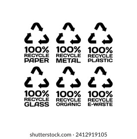 100% recycle icons. Silhouette, 100% recycle paper, metal, plastic, glass, organic, e-waste icons, 100% recycle signs. Vector icons