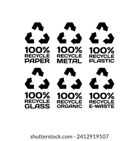 100% recycle icons. Silhouette, 100% recycle paper, metal, plastic, glass, organic, e-waste icons. Vector icons